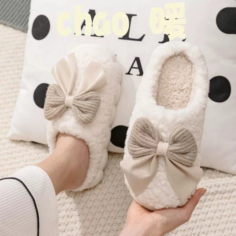 蝴蝶结棉拖鞋女款秋冬2023新款室内家居防滑保暖厚底毛绒棉拖冬季