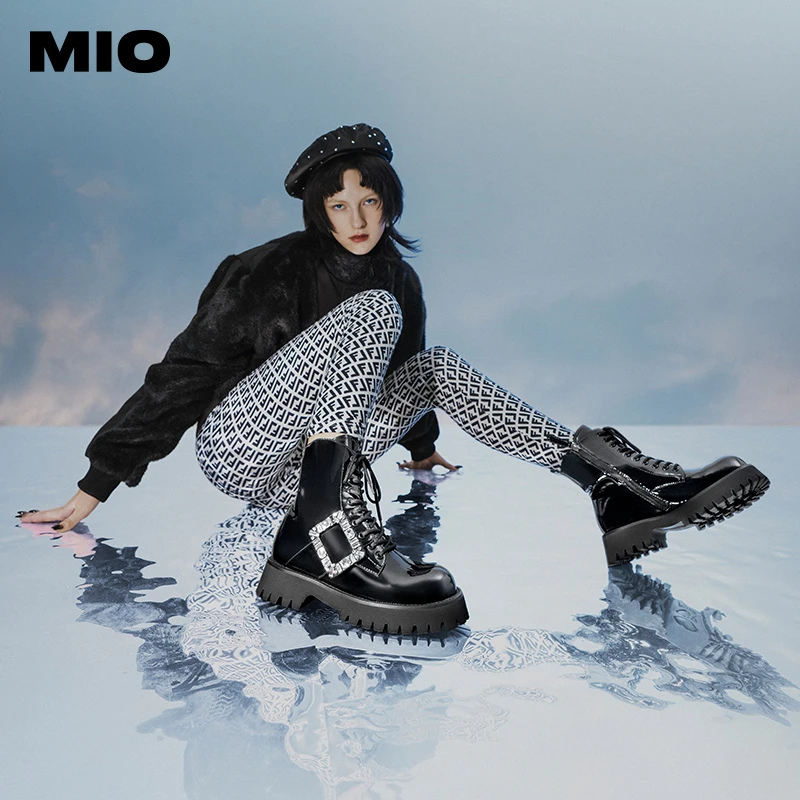 MIOMIO米奥秋冬靴子松糕底短靴圆头黑色短筒靴系带方扣M225614451