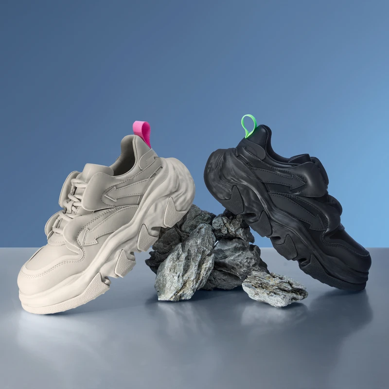 MIO米奥圆头松糕底老爹鞋波浪纹拼贴时尚潮流休闲鞋M231583101