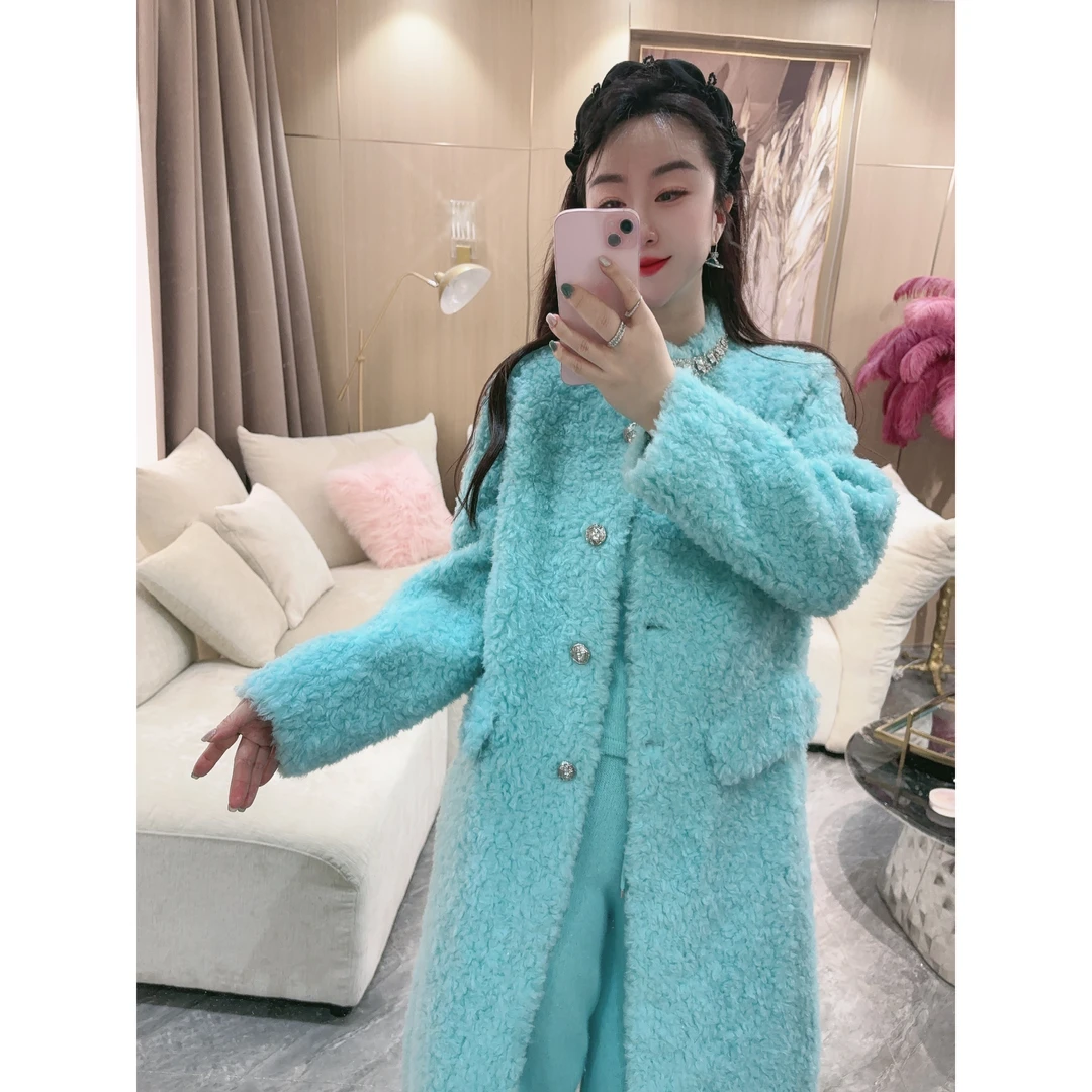 独宠【梅花落雨】秋冬轻奢洋气钉钻领金扣口袋羊羔毛加厚长外套