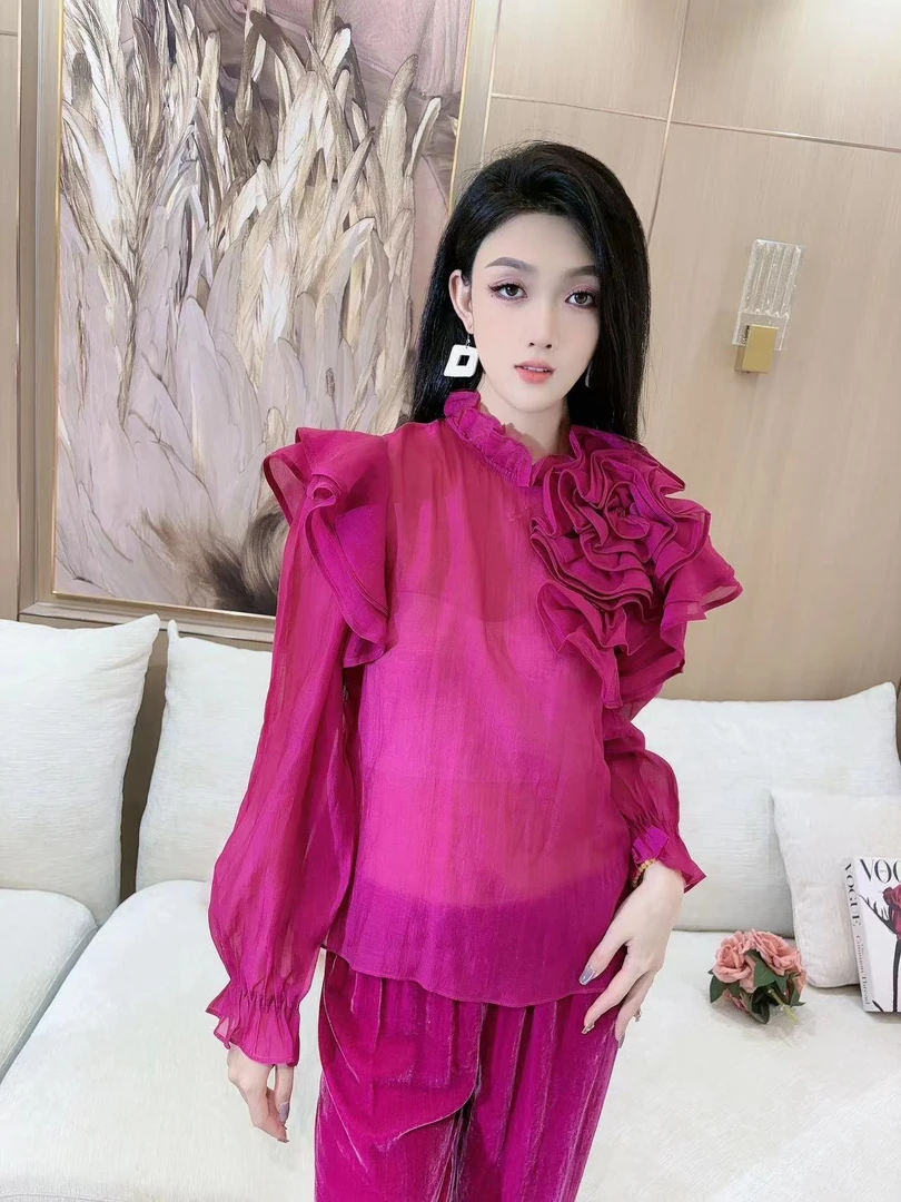 独宠【风浅秋樱】网红气质显瘦时尚复古叠加荷叶边衬衫