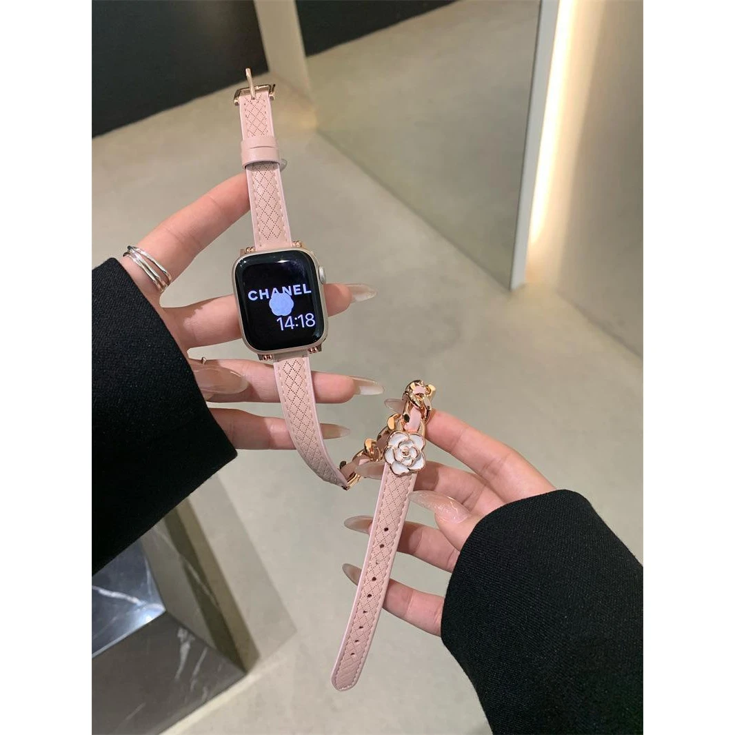 流光小香风山茶花双圈菱格适用apple watch苹果表带iwatchS7-S10