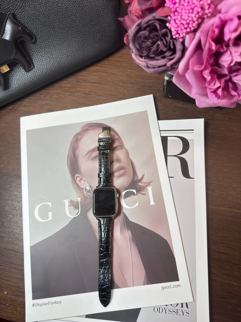 流光圆鳄纹蝴蝶扣真皮iwatch表带适用苹果AppleWatch3-9代 S7-S10