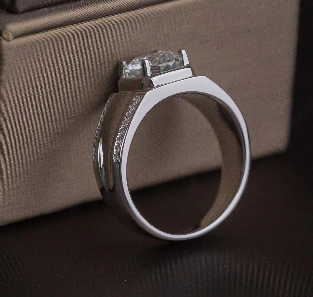 925银莫桑石银制品 【微镶双排男戒】1-2克拉/莫桑石925银闭口男戒