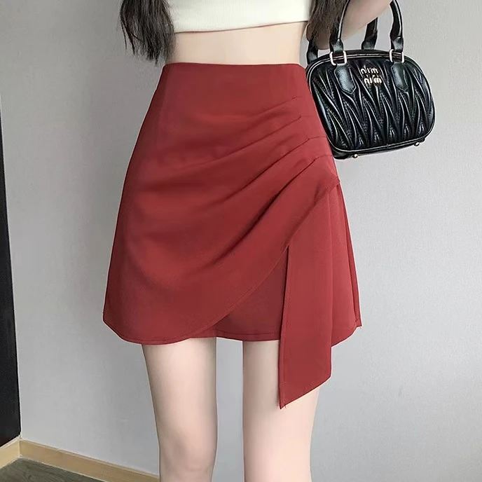 高腰不规则褶皱短裙女夏季设计感韩版休闲百搭a字半身裙包臀裙子
