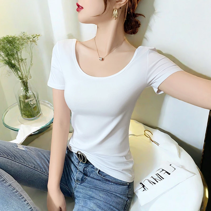 双U领白色短袖简约设计感上衣低领瑜伽舞蹈服修身百搭小众T恤潮