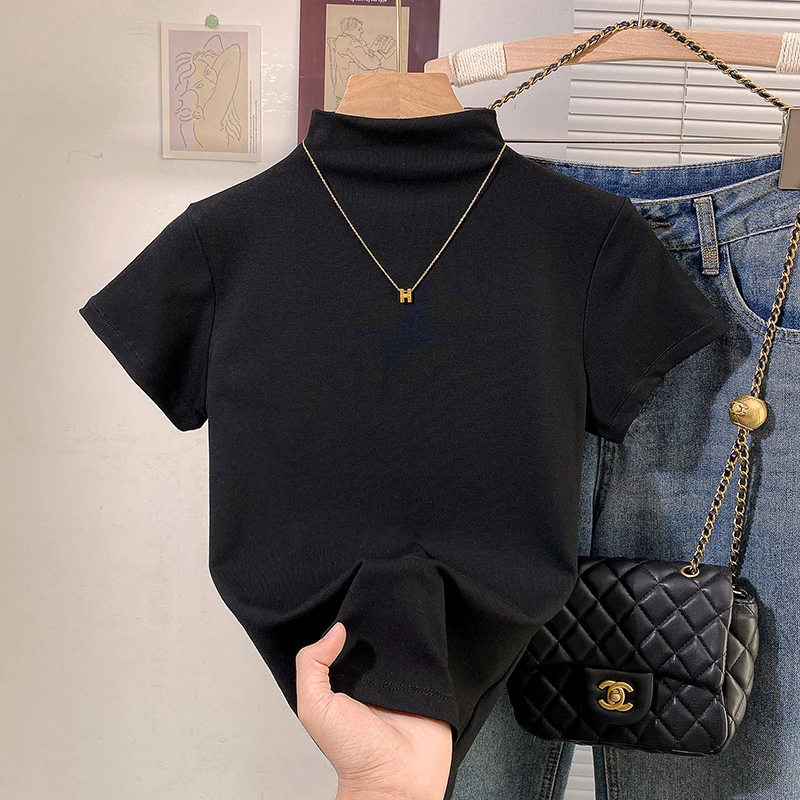 韩版黑色半高领短袖t恤女修身显瘦洋气内搭打底衫百搭纯色上衣