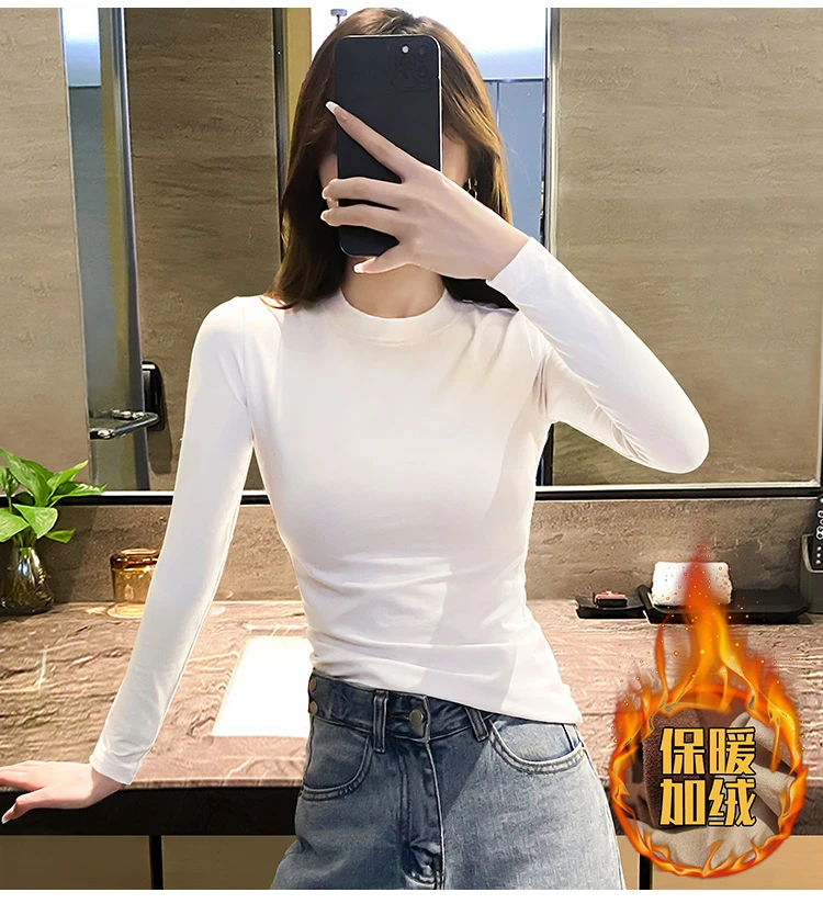 半高领加绒白色常规款打底女秋修身洋气设计感保暖上衣新款长袖