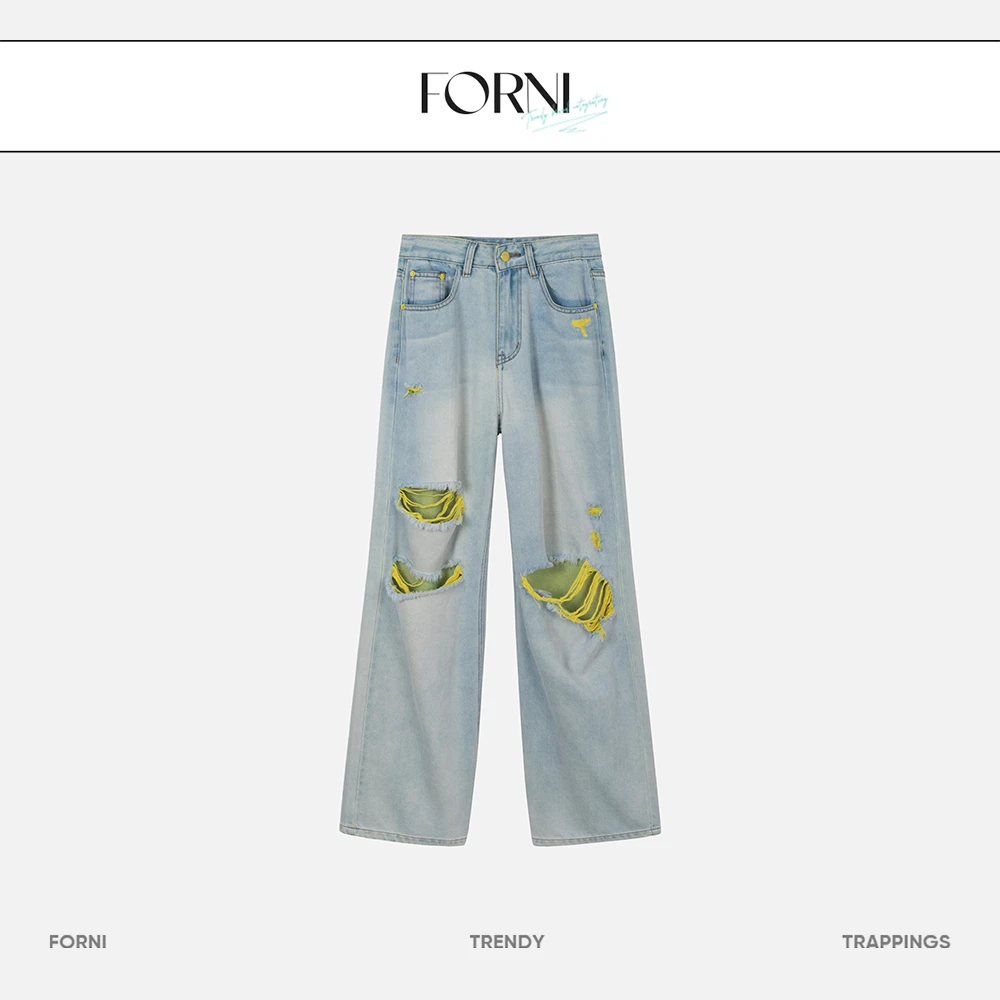 FORNI x YOYO 异化梦 撞色破洞牛仔裤个性设计师小众宽松水洗