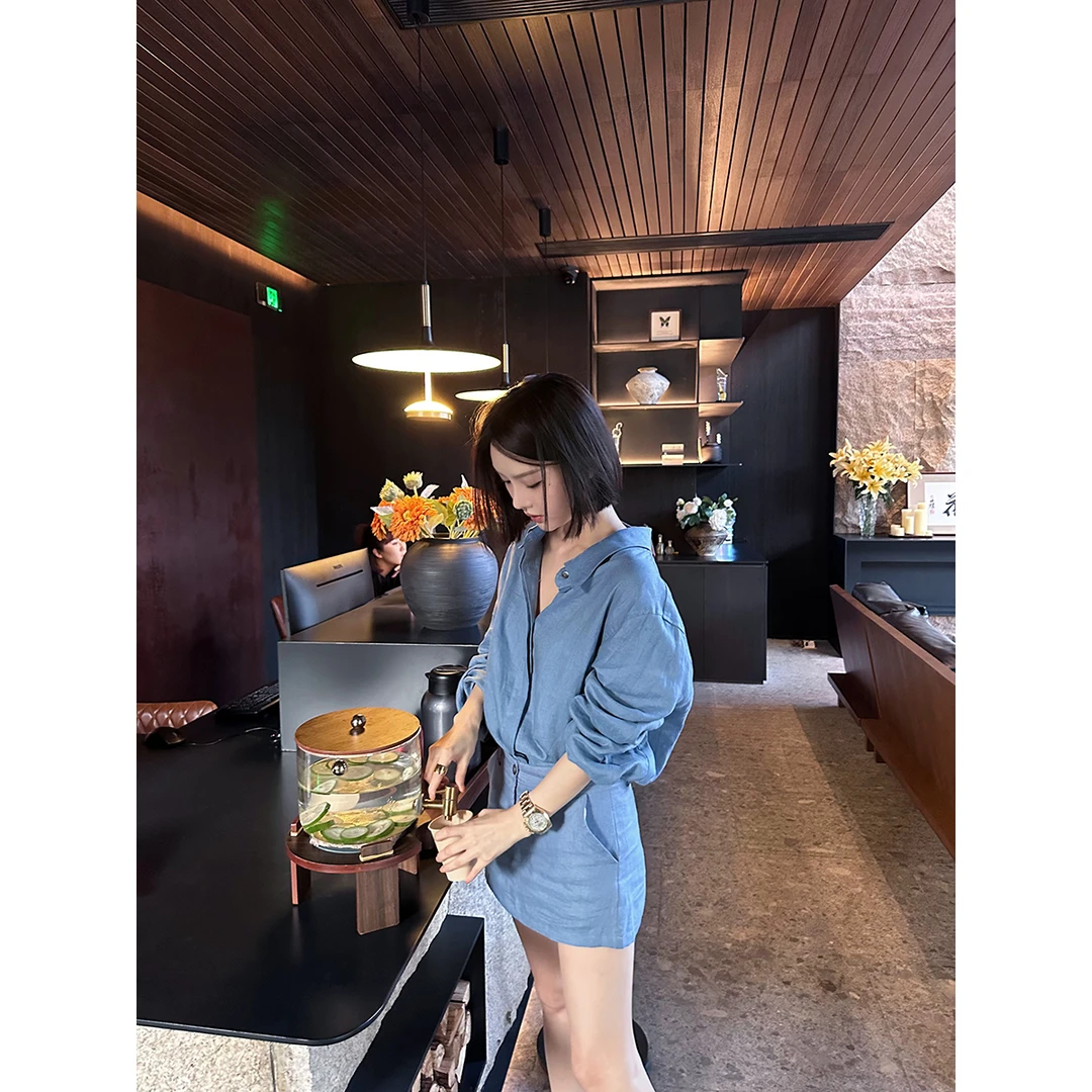 FORNI 极简老钱风 100亚麻纯色衬衫套装气质时尚休闲百搭