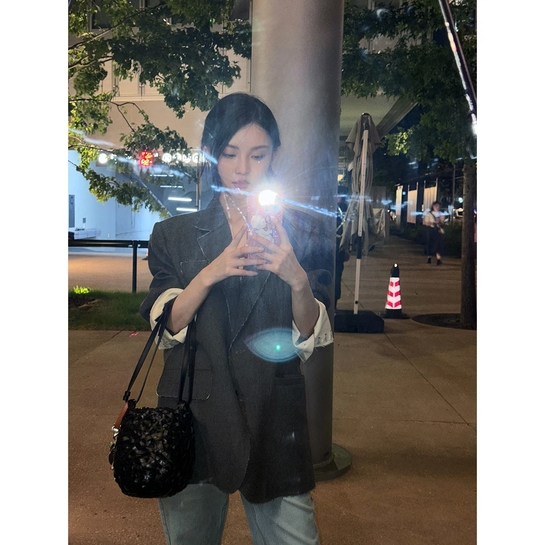 FORNI 原生自然感  绵羊毛毛边西装外套气质春秋时尚休闲宽松