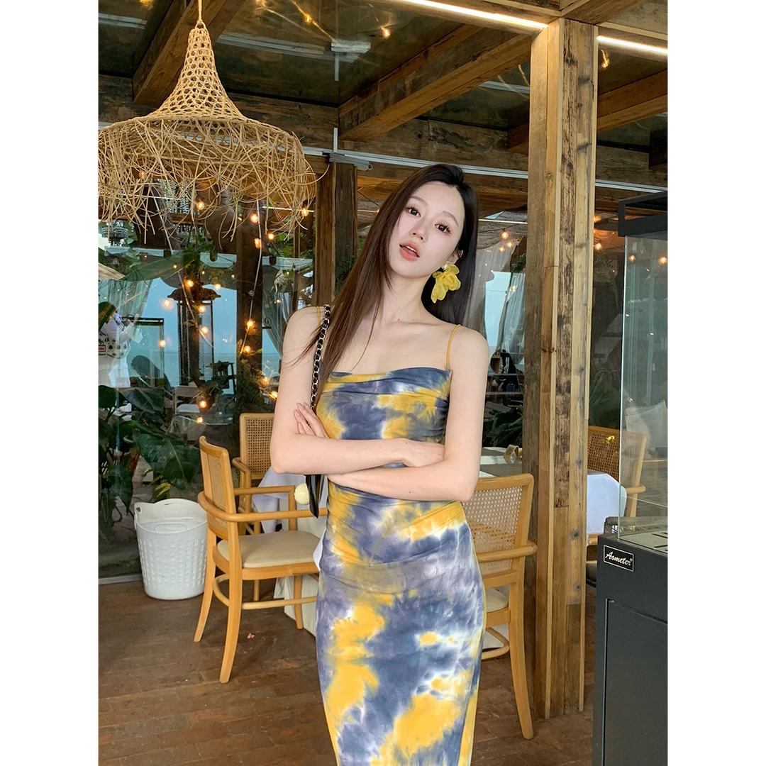 FORNIFORNI 给春天上色 扎染吊带长裙气质时尚法式风女装连衣裙