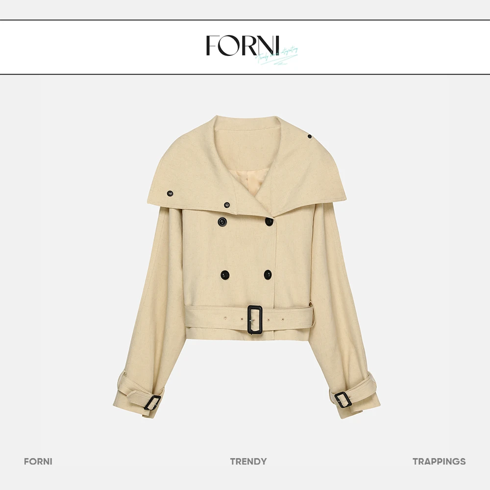 FORNI 英伦风短风衣 亚麻设计感高级外套气质时尚女士设计师