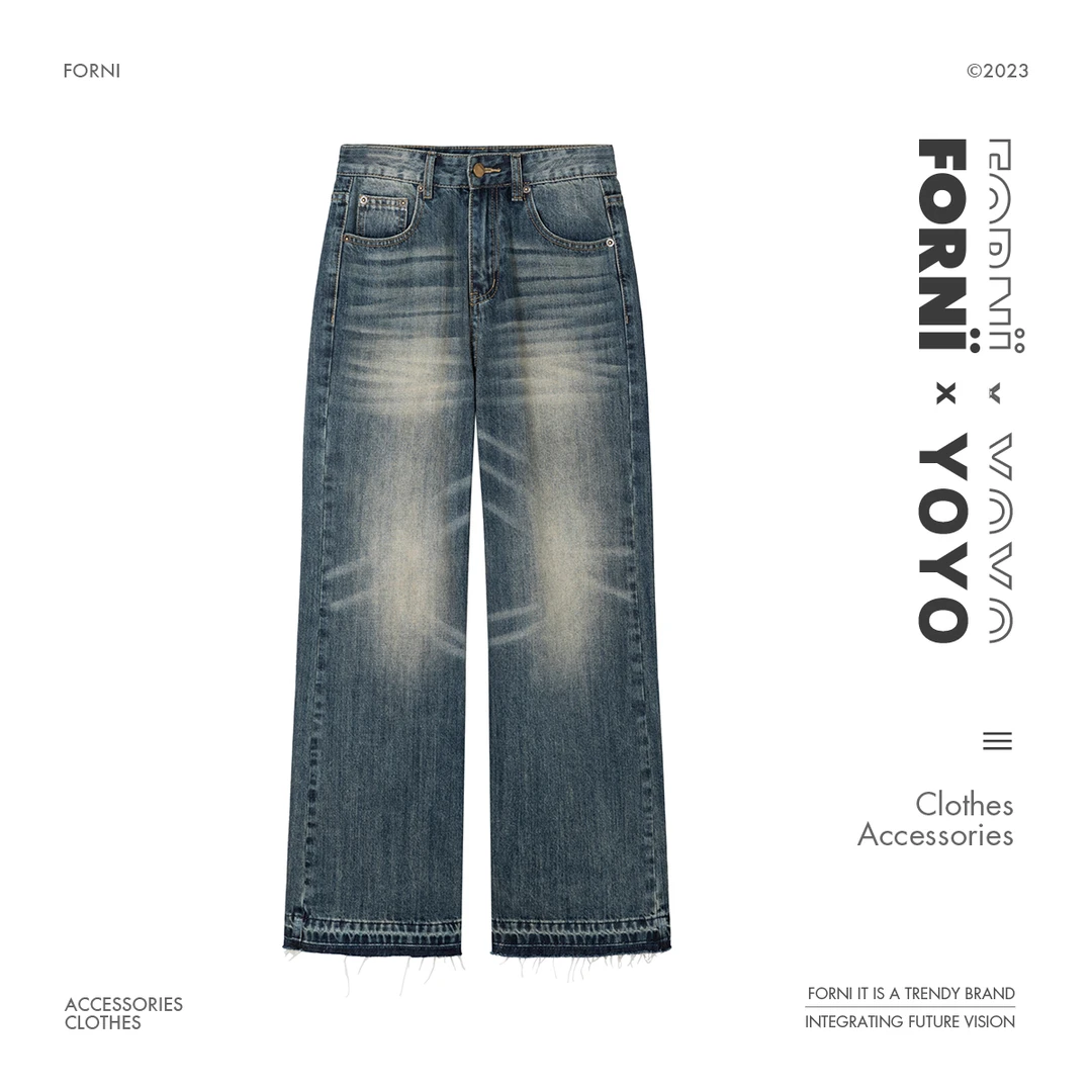 FORNI x YOYO 猫须裤 高街休闲宽松水洗复古百搭不规则猫须牛仔裤