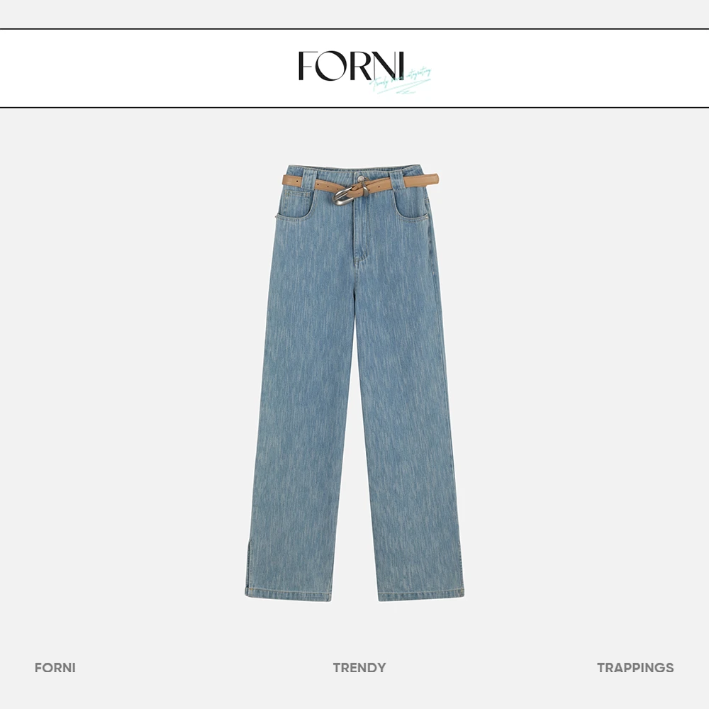 FORNI  雨夜难眠  腰带开叉牛仔裤直筒时尚宽松设计师