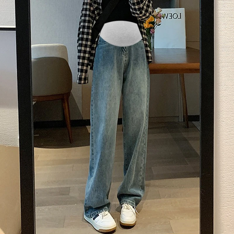 孕妇裤阔腿秋冬加绒牛仔裤宽松秋款外穿显瘦垂感直筒裤高腰托腹裤