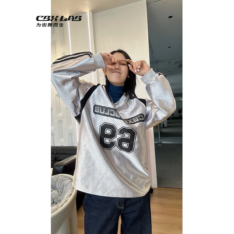 【宠粉】CBXLAB街舞潮牌撞色插肩嘻哈长袖国潮女美式街头银色印花