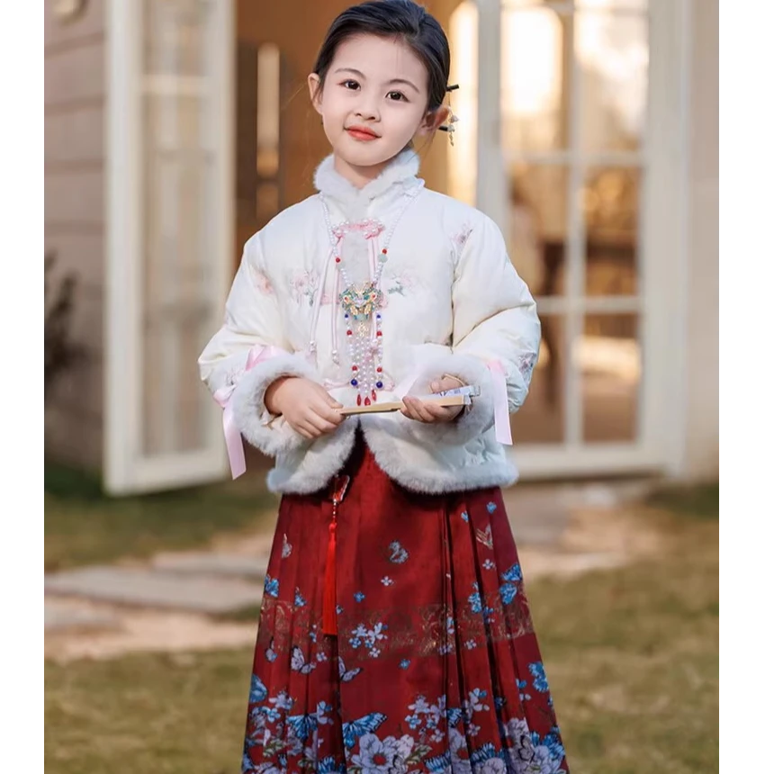 女童新中式羽绒上衣重工织金马面裙蓝彩金半身裙刺绣儿童外套汉服