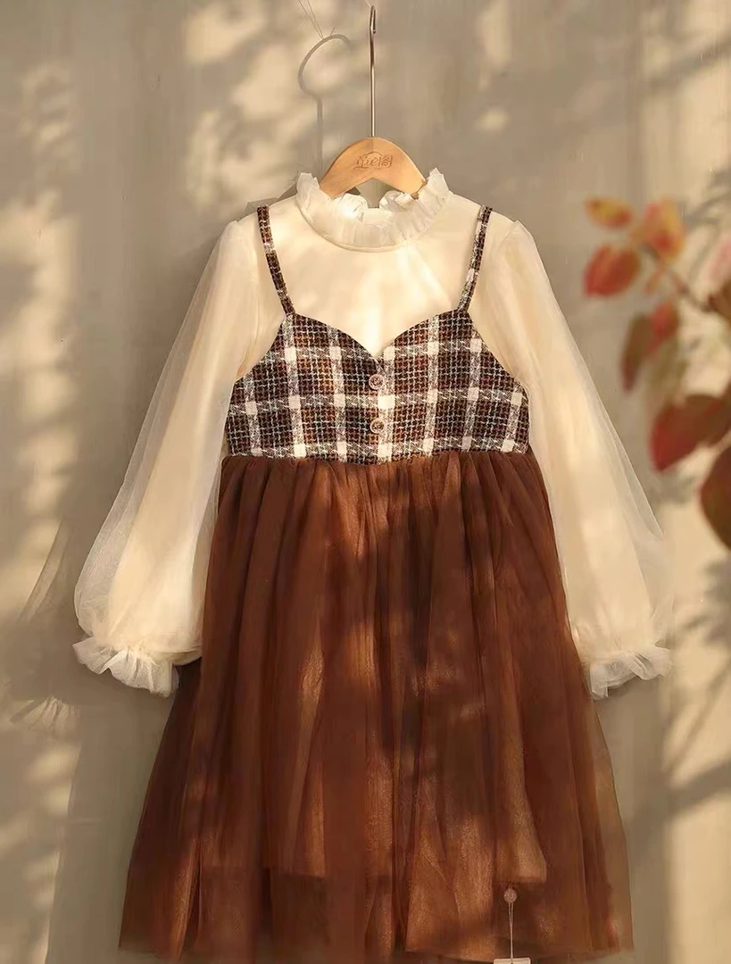 小香风拼接网纱加绒连衣裙82037