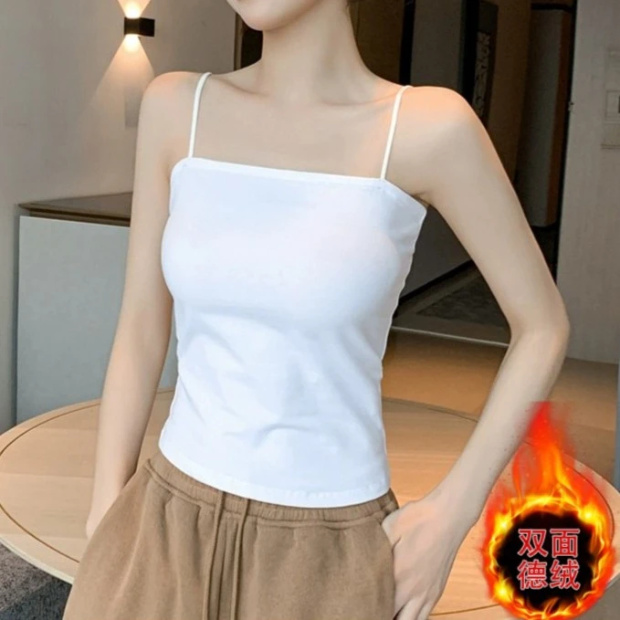 黑色保暖吊带背心女内搭2025新款秋冬一字领美背加绒加厚打底上衣