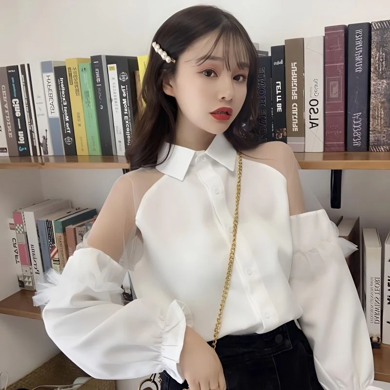 2023春季韩版新款甜美网纱拼接喇叭袖衬衣
