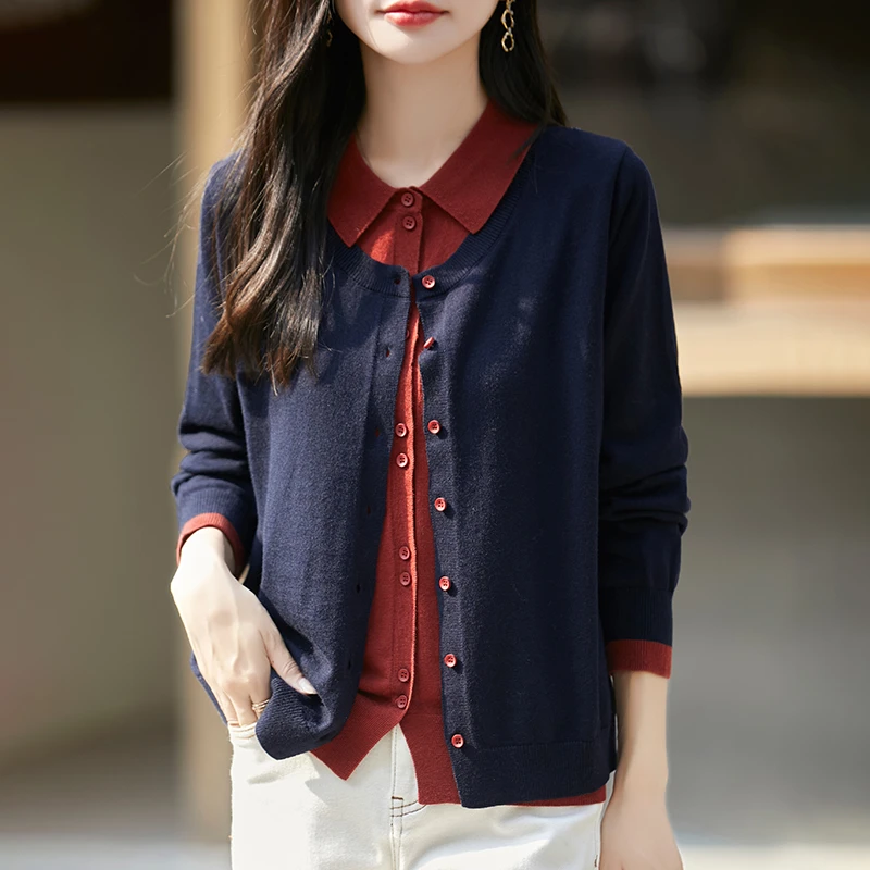 早秋新款16针加厚POLO领撞色假两件针织气质开衫女士复古外套