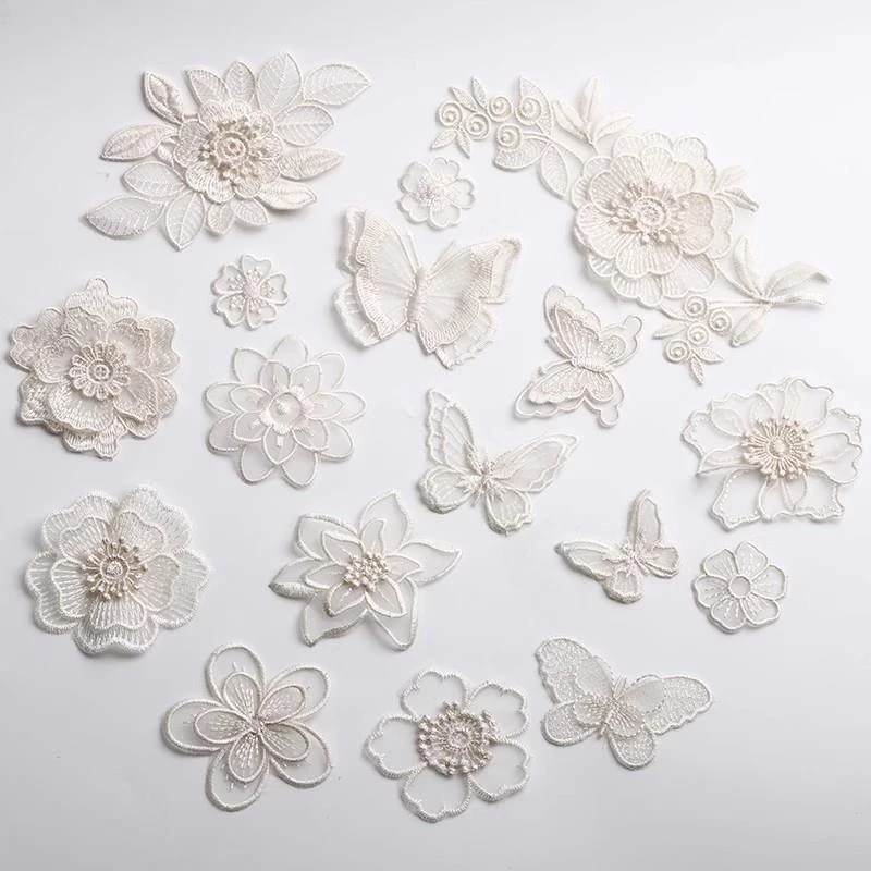 蕾丝补丁贴羽绒服网纱衣服贴花刺绣破洞装饰贴花朵蝴蝶图案贴米白
