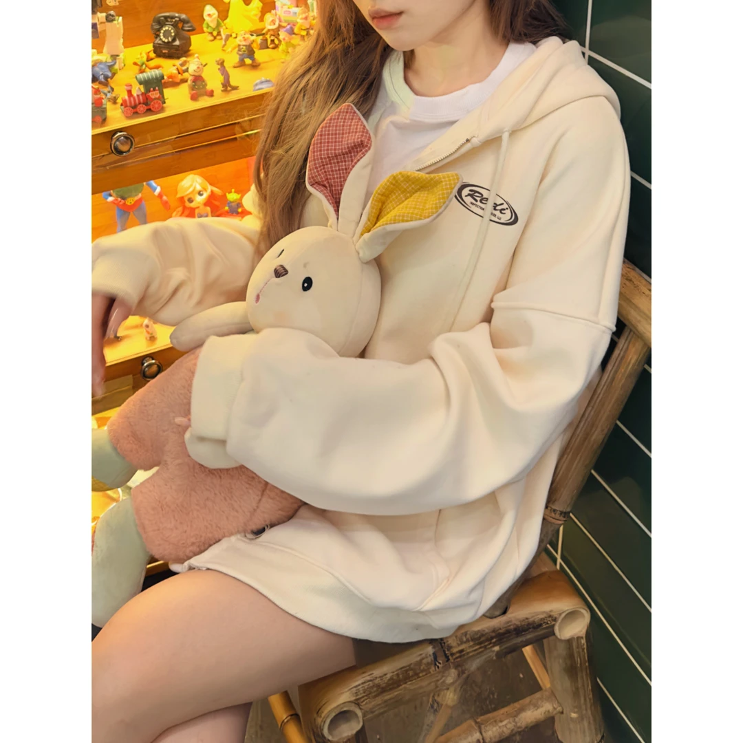 秋冬加绒宽松拉链韩版百搭休闲运动连帽开衫oversize外套ins慵懒