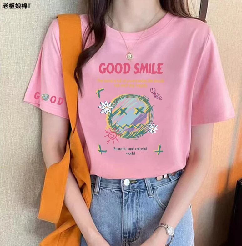 【专属】短袖t恤女时尚夏时尚休闲印花女款重磅精梳棉百搭圆领半袖