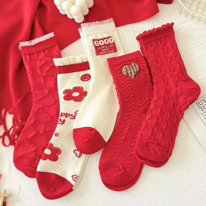 新年袜可爱女士红袜子女韩版中筒高颜值森系夏春长筒袜