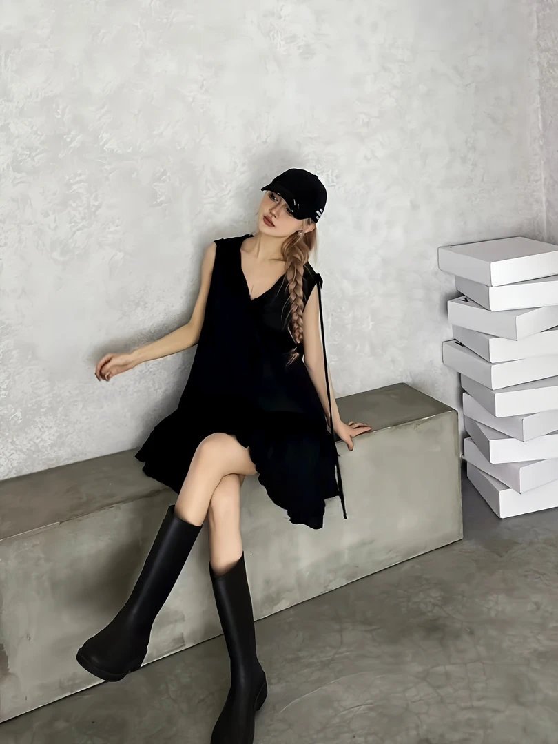 《黑嗨》24new夏季薄款无袖连衣裙女新款短裙小众套头V领及膝裙女