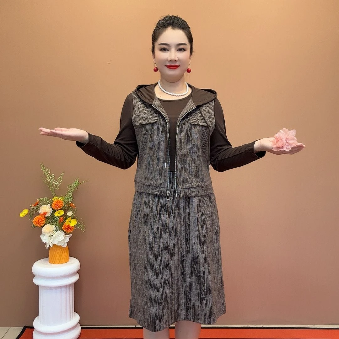 时尚气质洋气妈妈套装秋季新款2024连帽马甲连衣裙裙子两件套