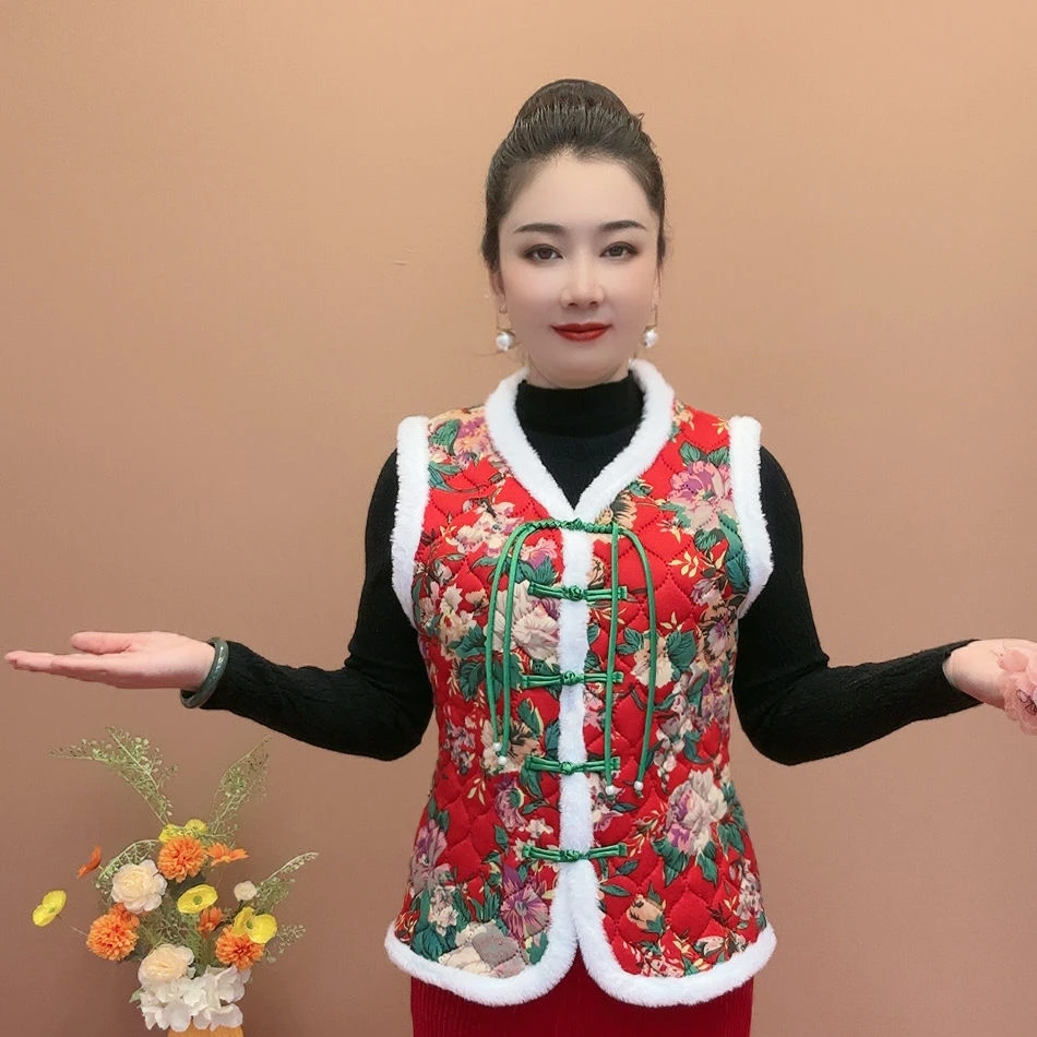 东北新款马甲中国棉袄妈妈复古盘扣女装加厚民族坎肩保暖背心