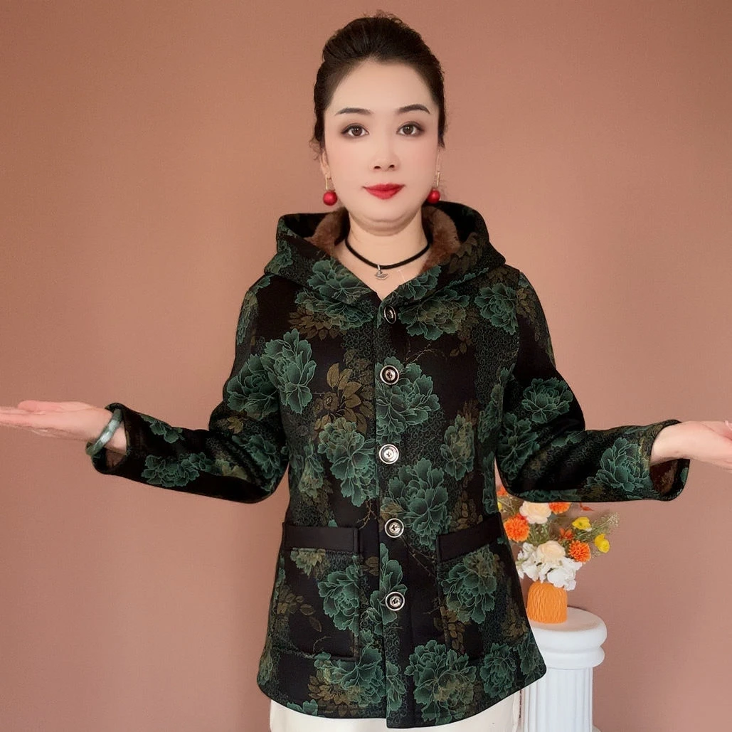 秋冬款卫衣加绒加厚外套印花连帽新款中年妈妈百搭保暖上衣带兜