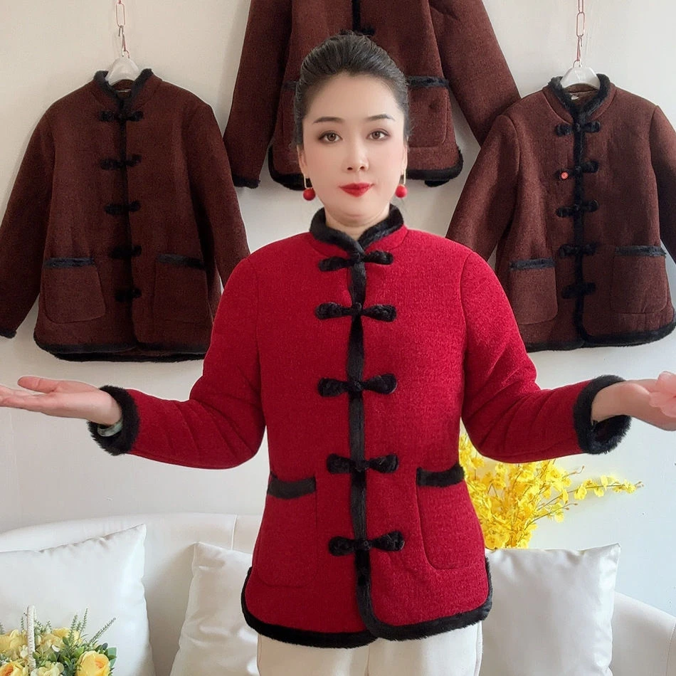 加绒加厚保暖棉衣冬季中年洋气妈妈女装短款盘扣开衫
