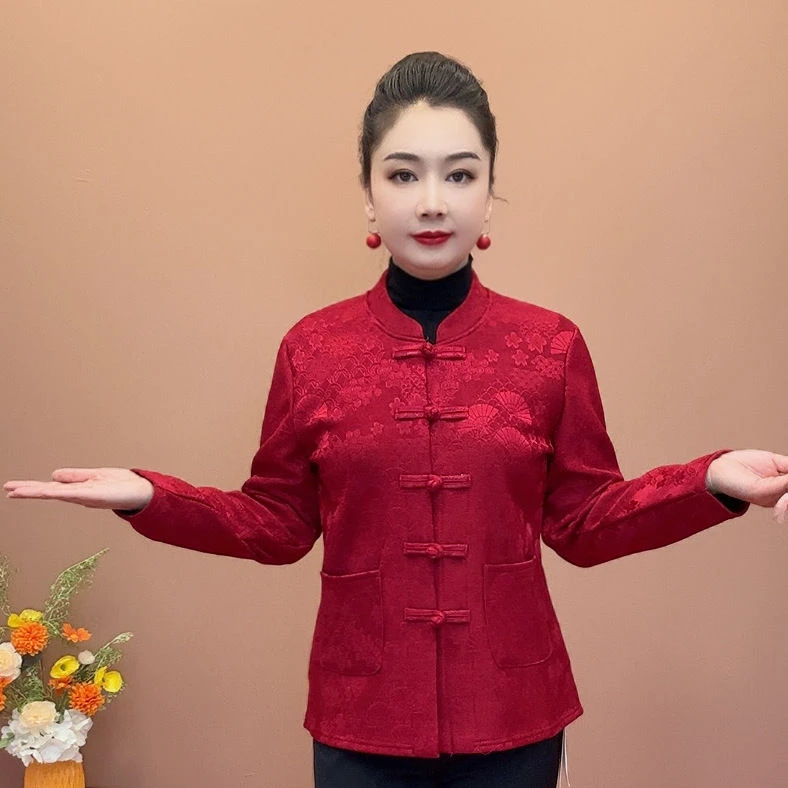 妈妈新款保暖开衫外套秋冬中国加绒盘扣长袖中老年打底上衣