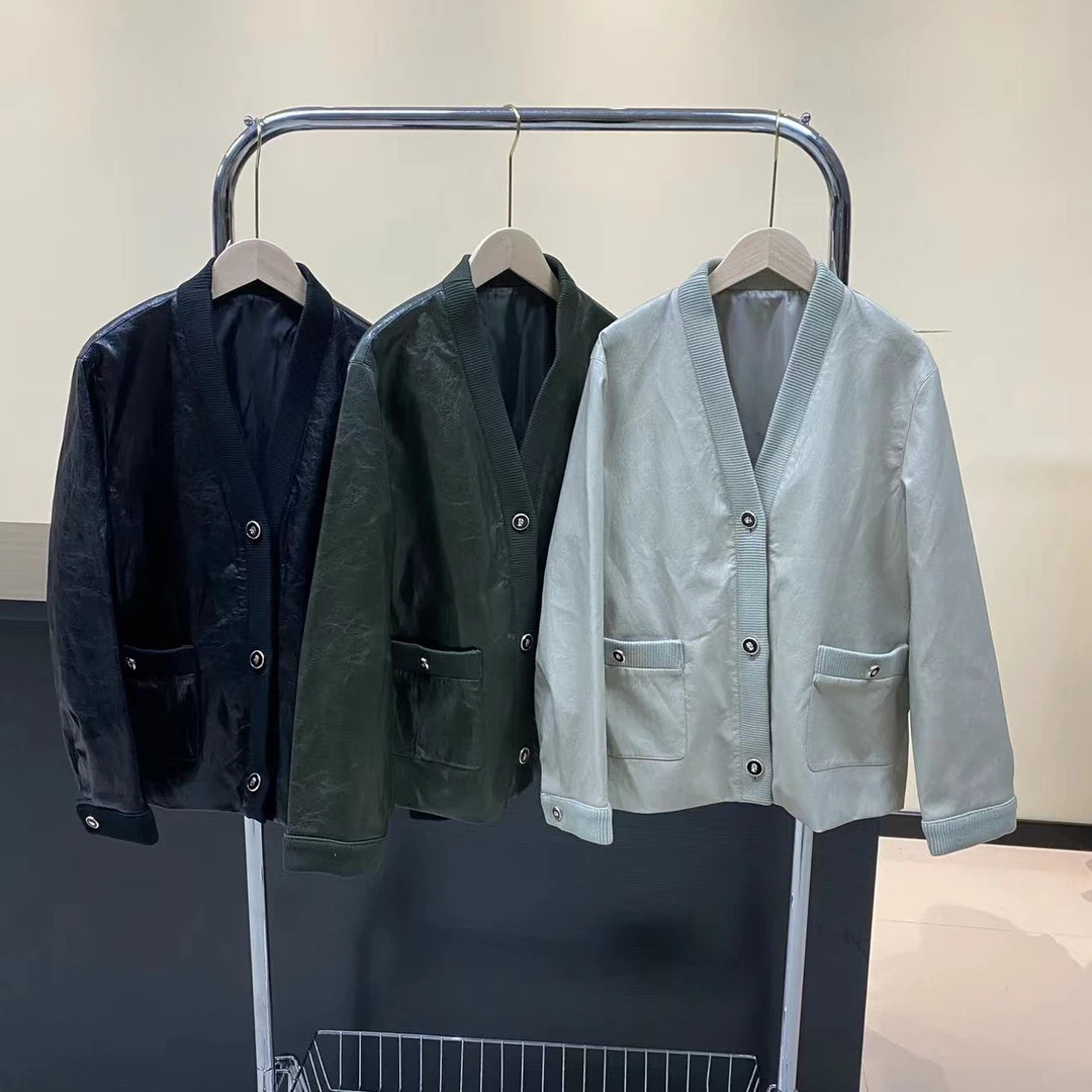 秋季高级设计感夹克外套2023新款军裂纹无领皮外套
