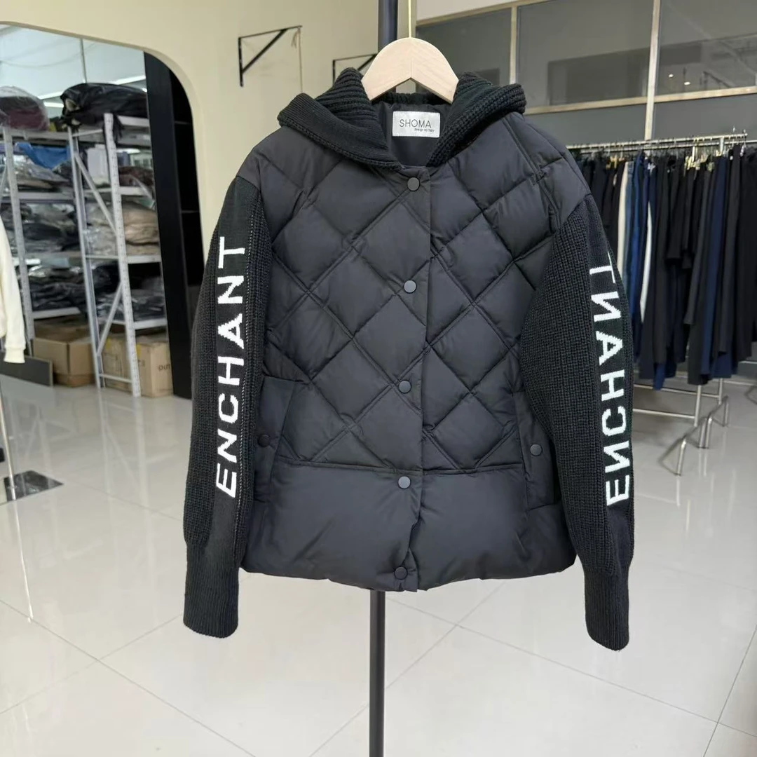 洋气重工 韩国24冬针织连帽字母毛衣袖假两件鸭绒羽绒服女