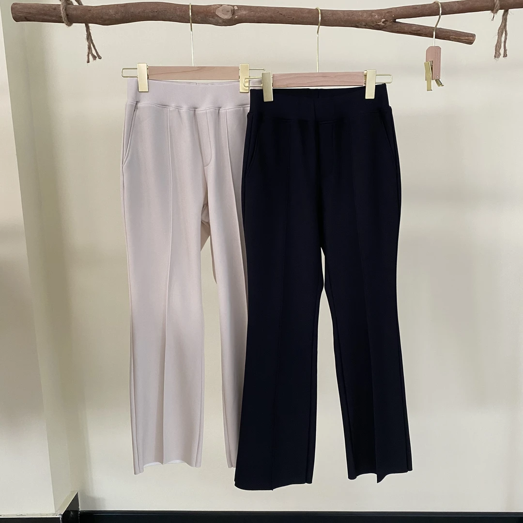 01加绒秋冬新款韩国松紧腰前竖线弹力女特显瘦垂顺不易皱微喇裤女