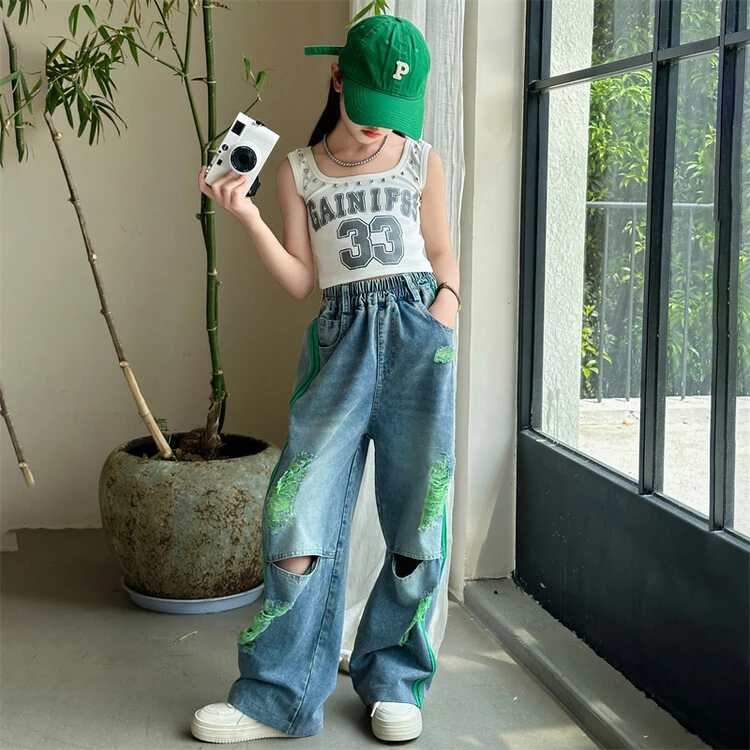 女童美式复古撞色破洞直筒裤宽松休闲显瘦街头百搭牛仔裤夏装长裤