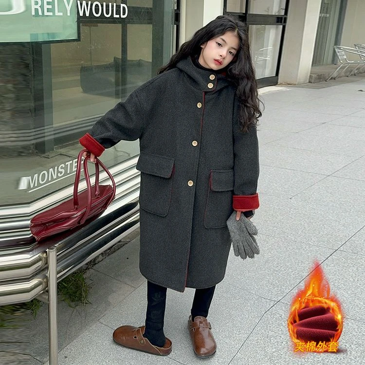 女童冬装加厚夹棉呢大衣中大童时尚保暖外套中长款