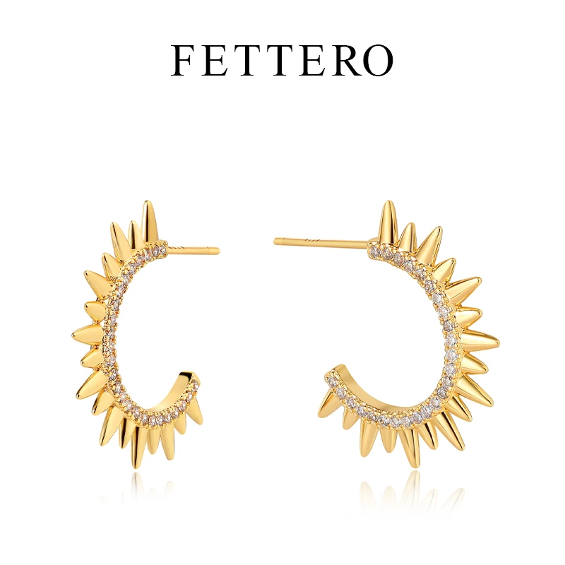 fettero 铜合金耳饰 【放射C形钻刺猬对称耳钉】气质法式个性小众