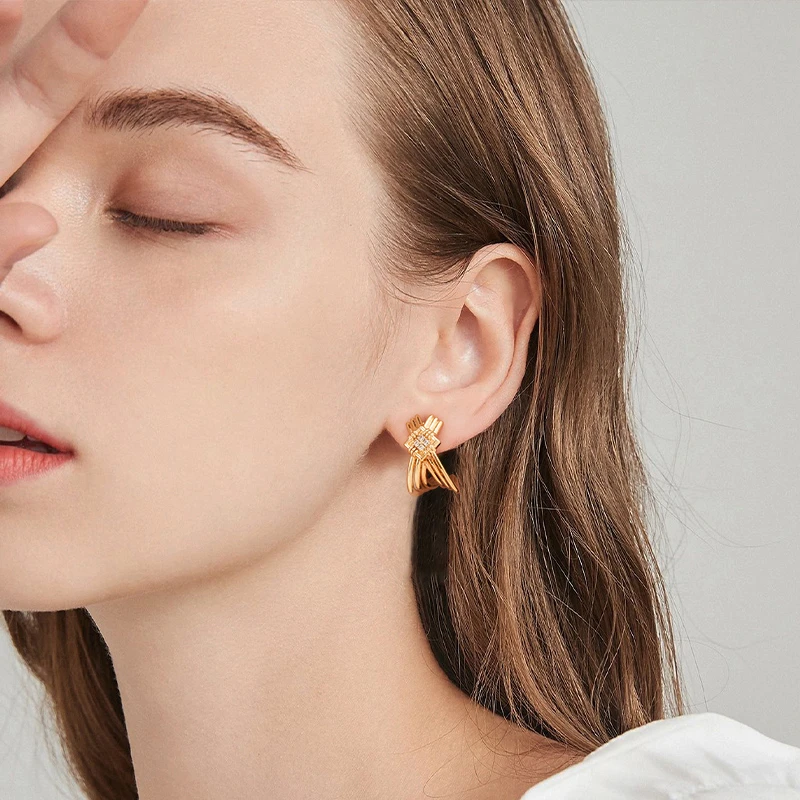 fettero 铜合金耳饰 【菱格交叉线条对称耳钉】气质轻奢法式小众