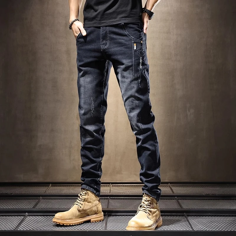 香港春秋新款高端黑色牛仔裤男款潮牌弹力修身小脚休闲男裤长裤子