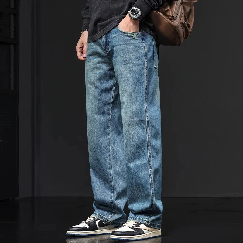 香港美式牛仔裤男款水洗做旧高街宽松直筒裤男秋冬季潮牌阔腿长裤
