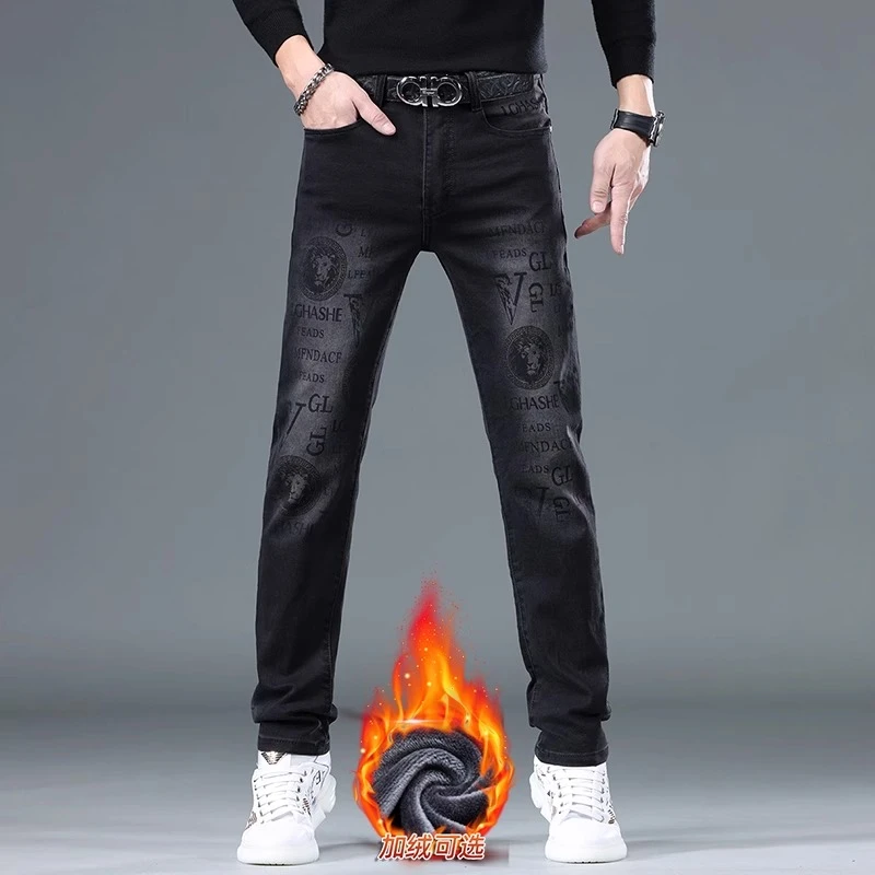 香港秋冬季印花黑色牛仔裤男士潮牌合体直筒潮流弹力外穿百搭长裤