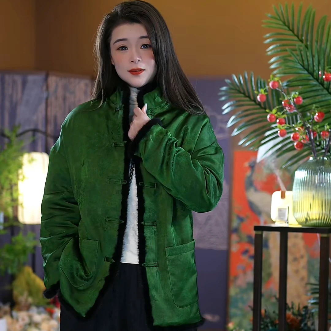 【苏唐韵】新中式立领水貂毛官绿蚕丝袄 香云纱桑蚕丝保暖舒适外套