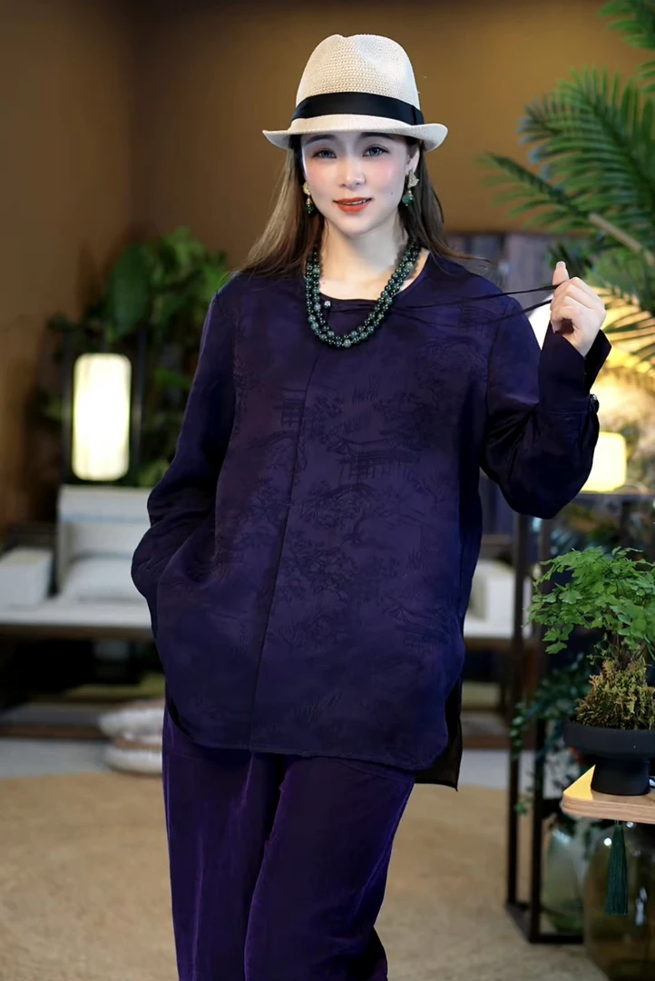 【苏唐韵】初秋新款 罗兰紫长袖上衣 香云纱桑蚕丝高级定制版