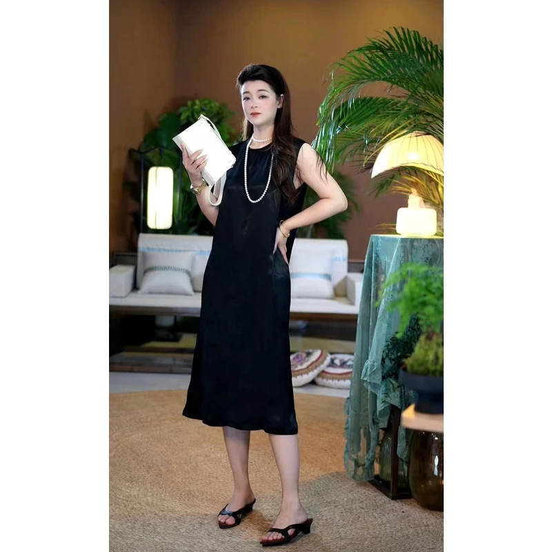 【苏唐韵】新款真丝圆领无袖连衣裙显瘦修身复古大气