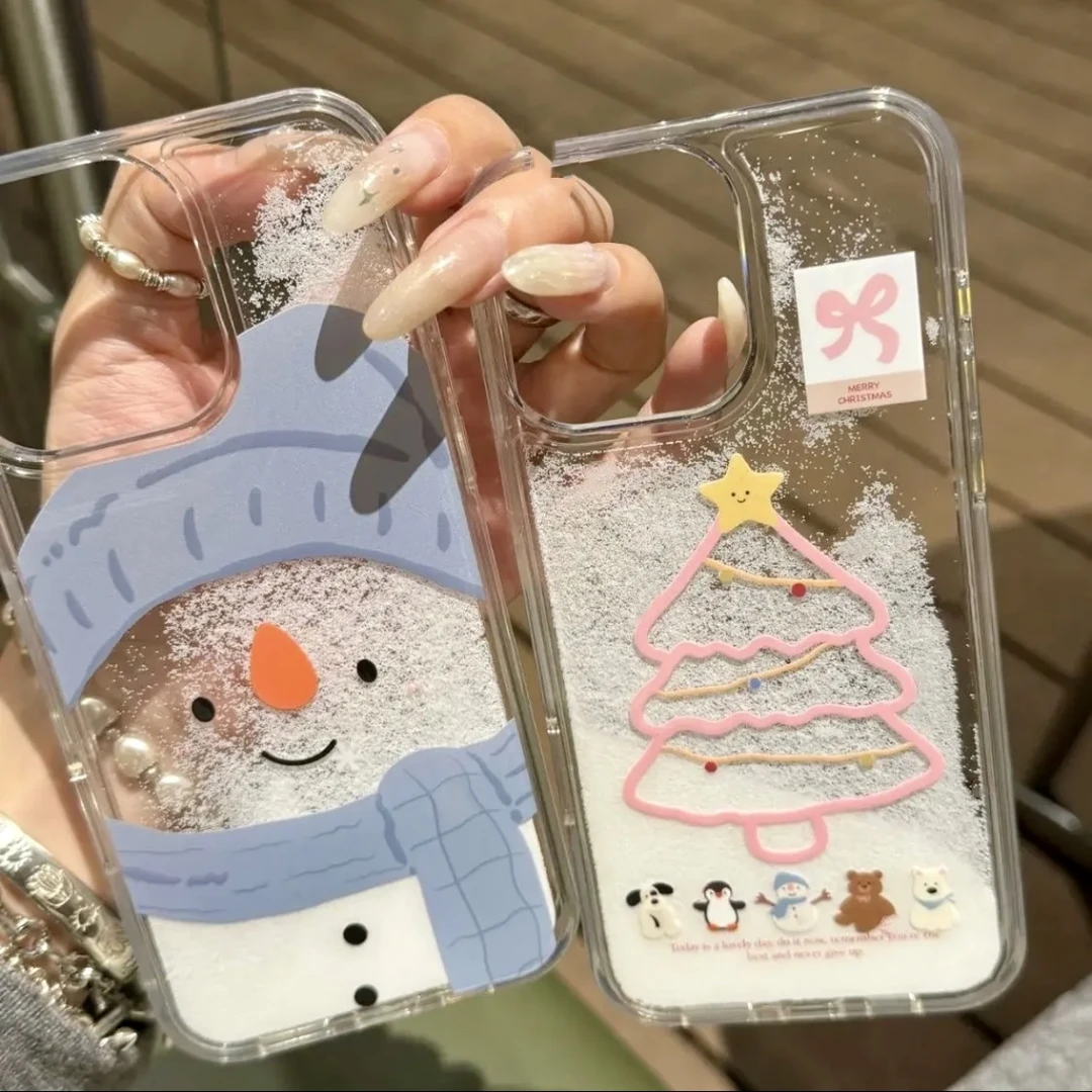 围巾雪人圣诞树适用苹果16手机壳iPhone15Pro雪花流沙14Pro氛围13